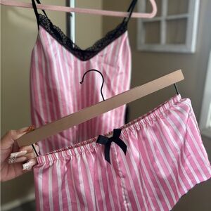 Striped Pink and Black Lace Trim Pajama Set